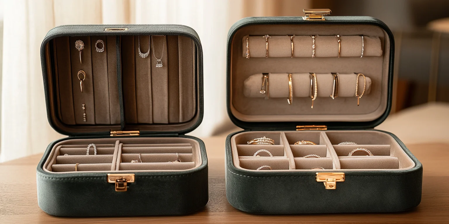 Two brown custom jewelry ring storage cases, one open revealing rings.